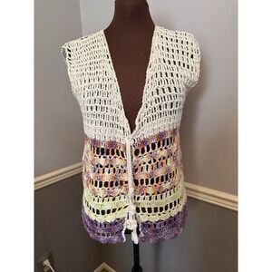 Vintage crochet multi color single tie‎ closure vest top boho size M